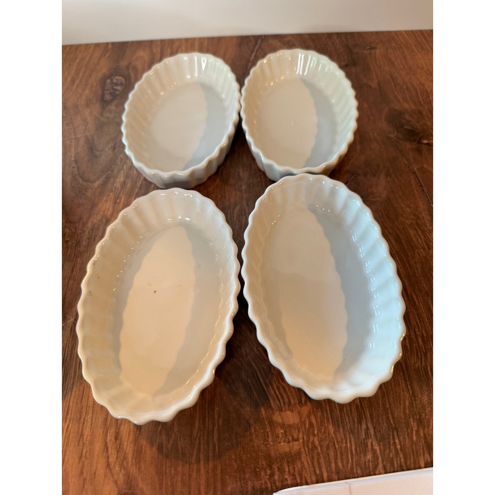 VTG Bonjour Set of 4 White Porcelain Creme Brulee Ramekins Oval Baking Dishes